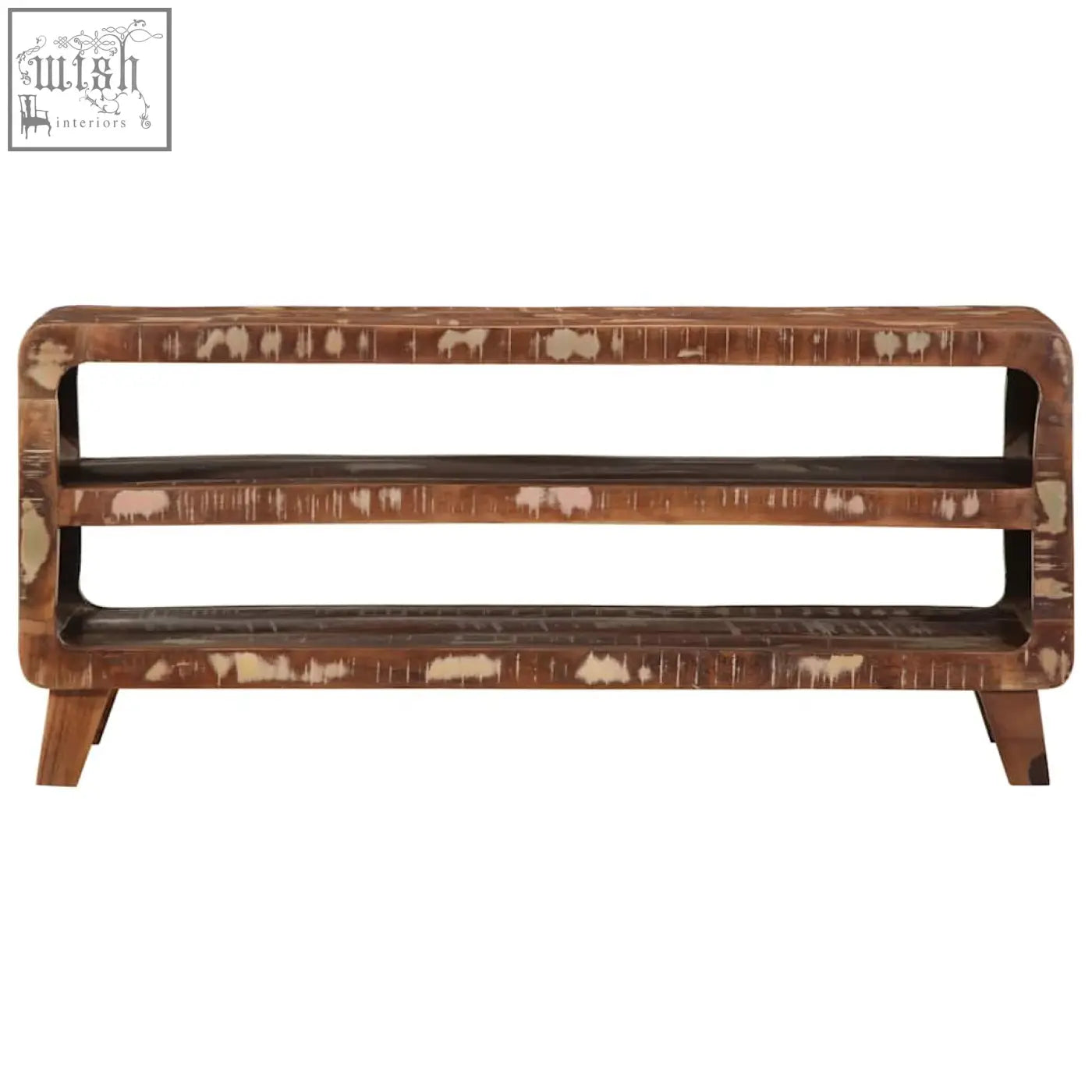 Rustic brown handmade tv cabinet with two open shelves made of reclaimed wood offering ample storage space