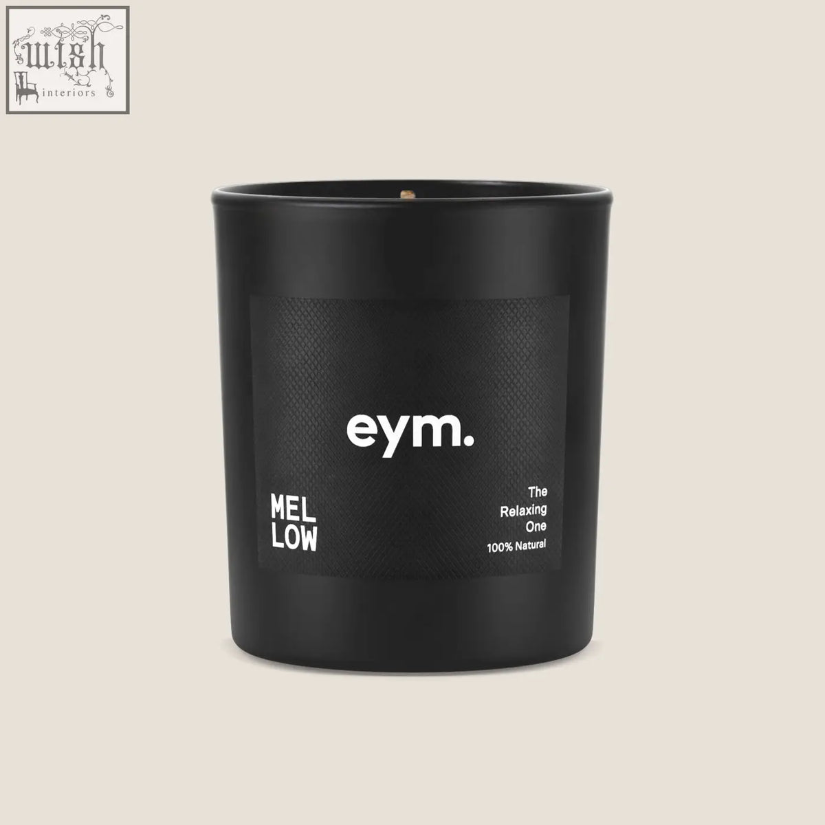 Black matte glass standard candle jar with minimalist eym label and mellow scent name in white text