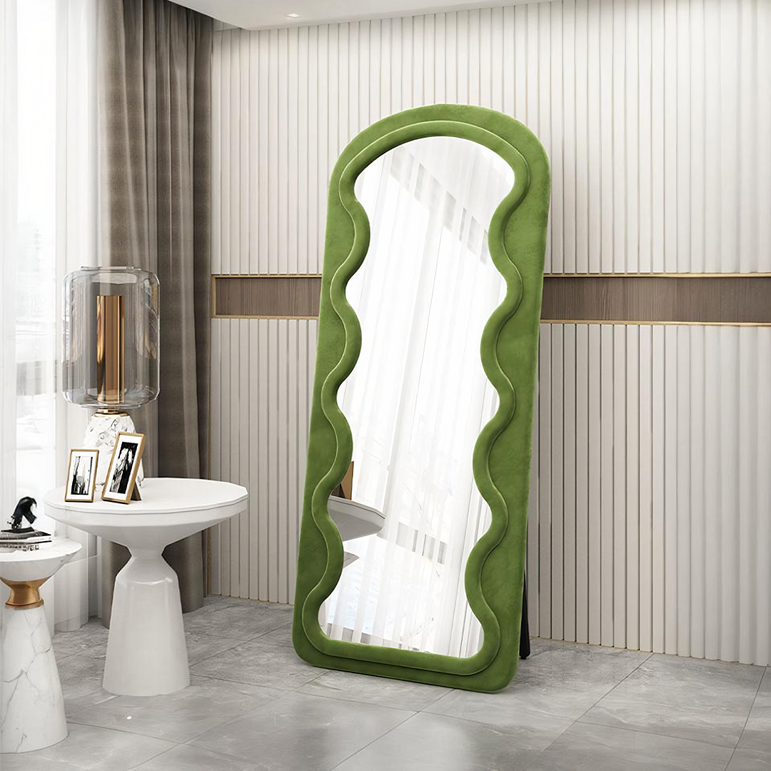Melody full length mirror with olive green velvet frame and wavy scalloped edge design for stylish decor