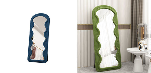 Green velvet framed melody full length mirror with wavy scalloped edge design perfect for bedroom decor