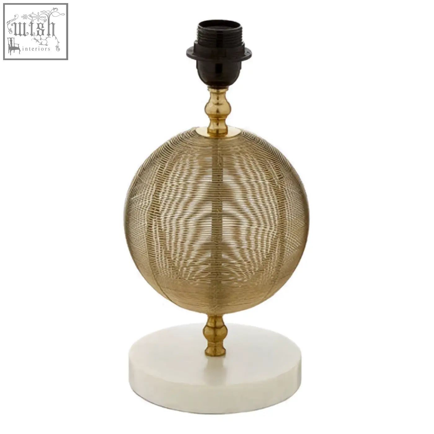 Melora round marble gold finish table lamp base with gold mesh globe, black bulb socket, and white marble gold finish base