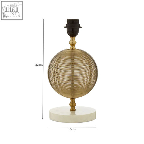 Melora round marble gold finish table lamp base with spherical gold finish wire mesh and polished marble gold finish base