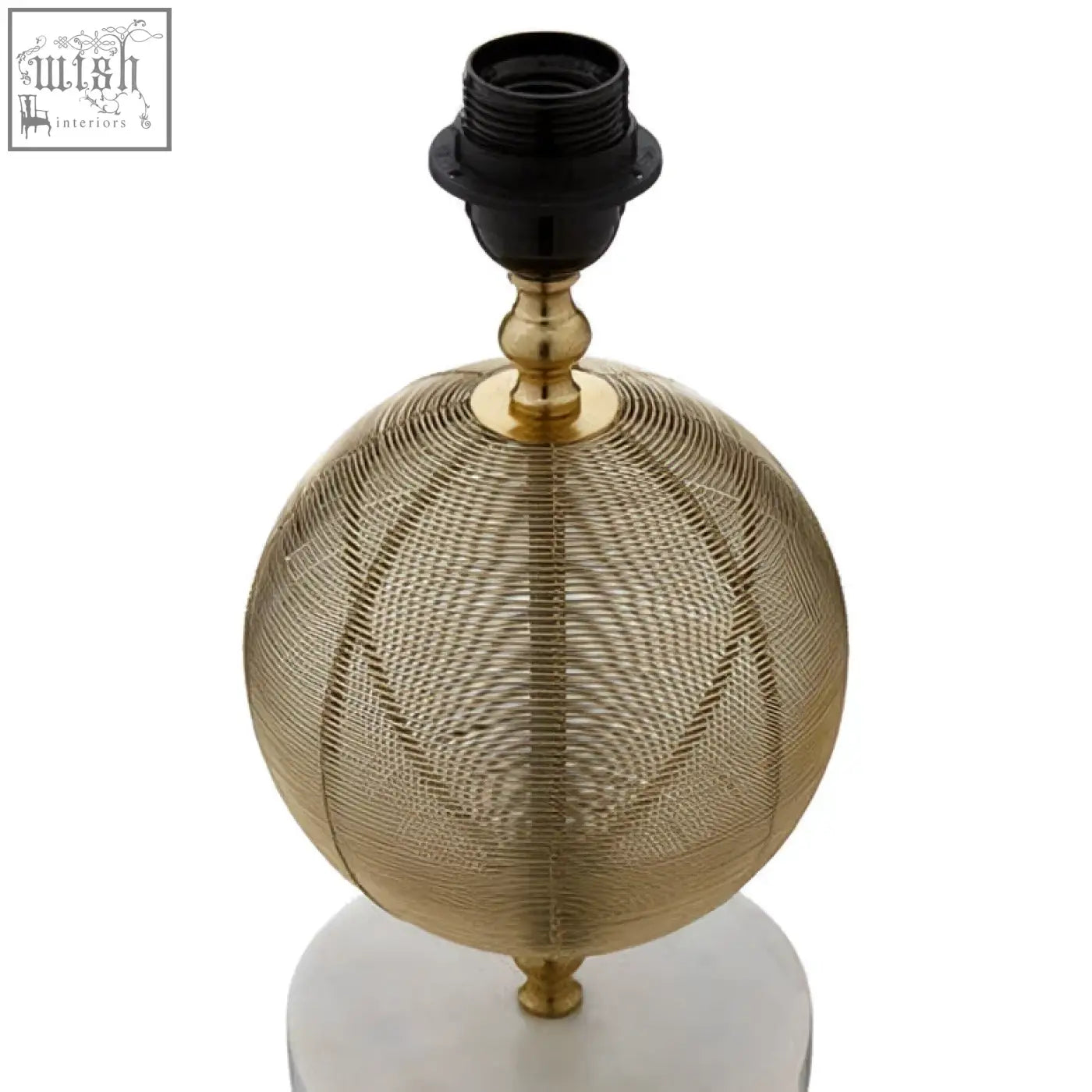 Melora round marble gold finish table lamp base with gold finish spherical mesh lampshade and polished marble base