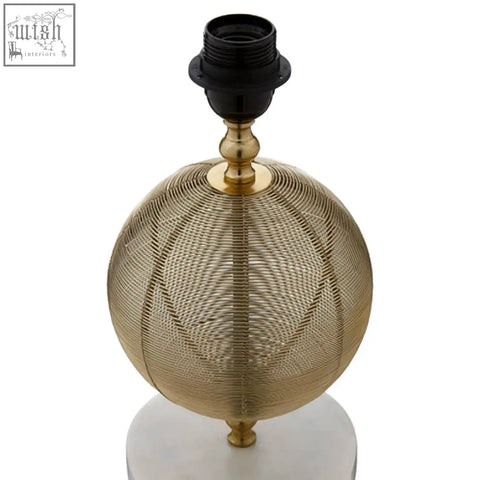 Melora round marble gold finish table lamp base with gold finish spherical mesh lampshade and polished marble base