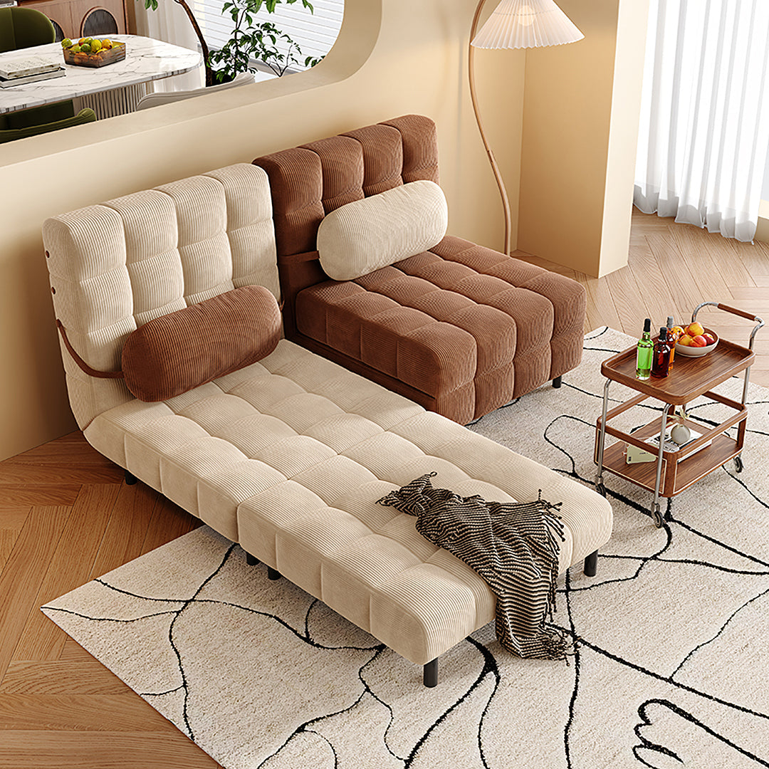 Beige and brown corduroy tufted mendez single sofa bed with matching cylindrical pillows two seater sofa bed