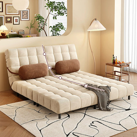 Beige tufted corduroy mendez single sofa bed with brown cylindrical pillows two seater sofa bed for small spaces