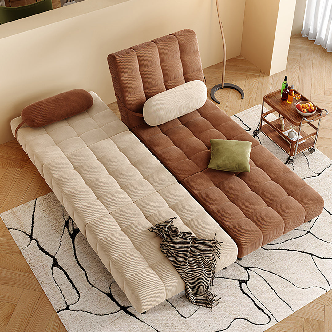 Brown corduroy tufted chaise lounge with matching cushion in mendez two seater sofa bed for versatile seating
