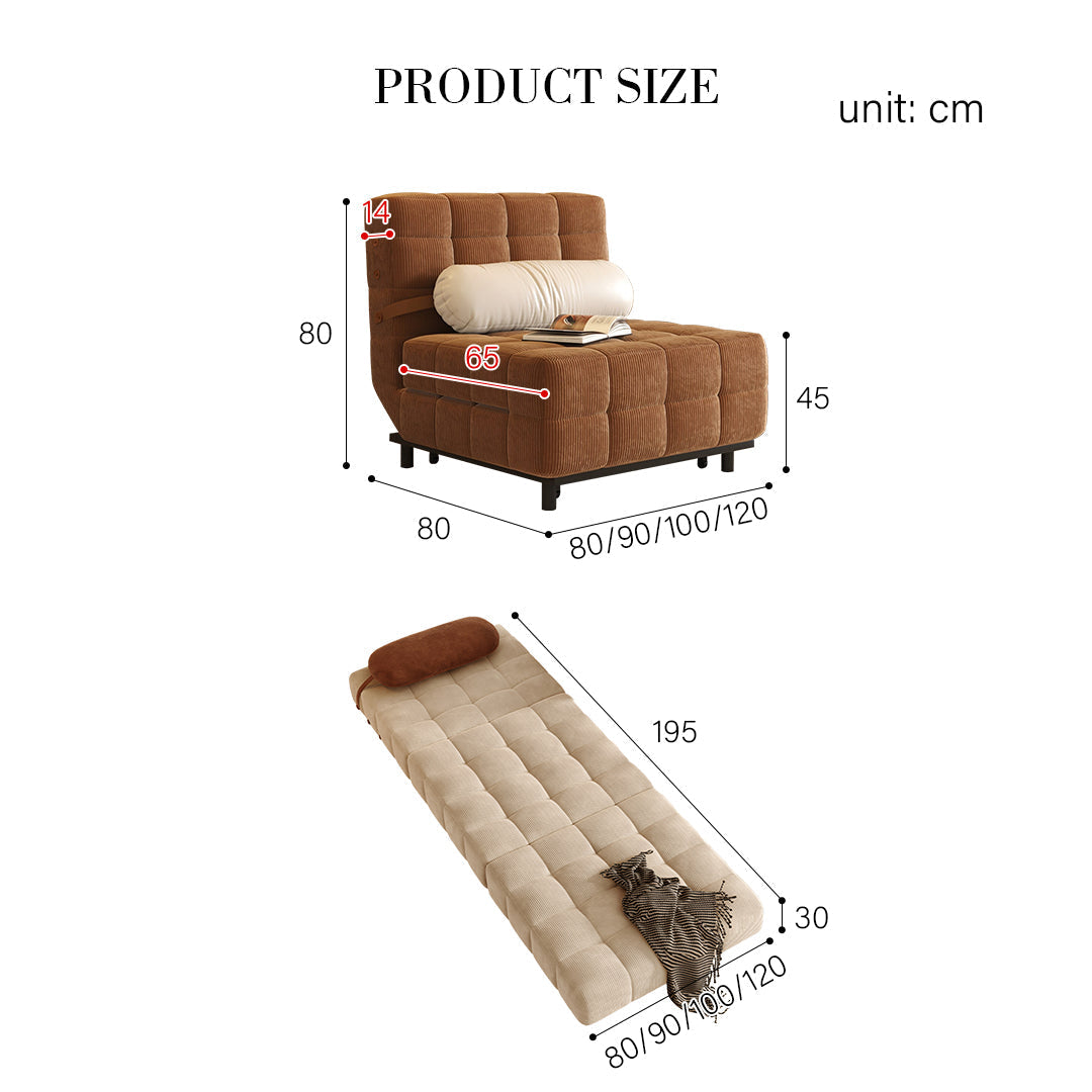 Brown corduroy mendez single two seater sofa bed with tufted upholstery and matching beige mattress for versatile use