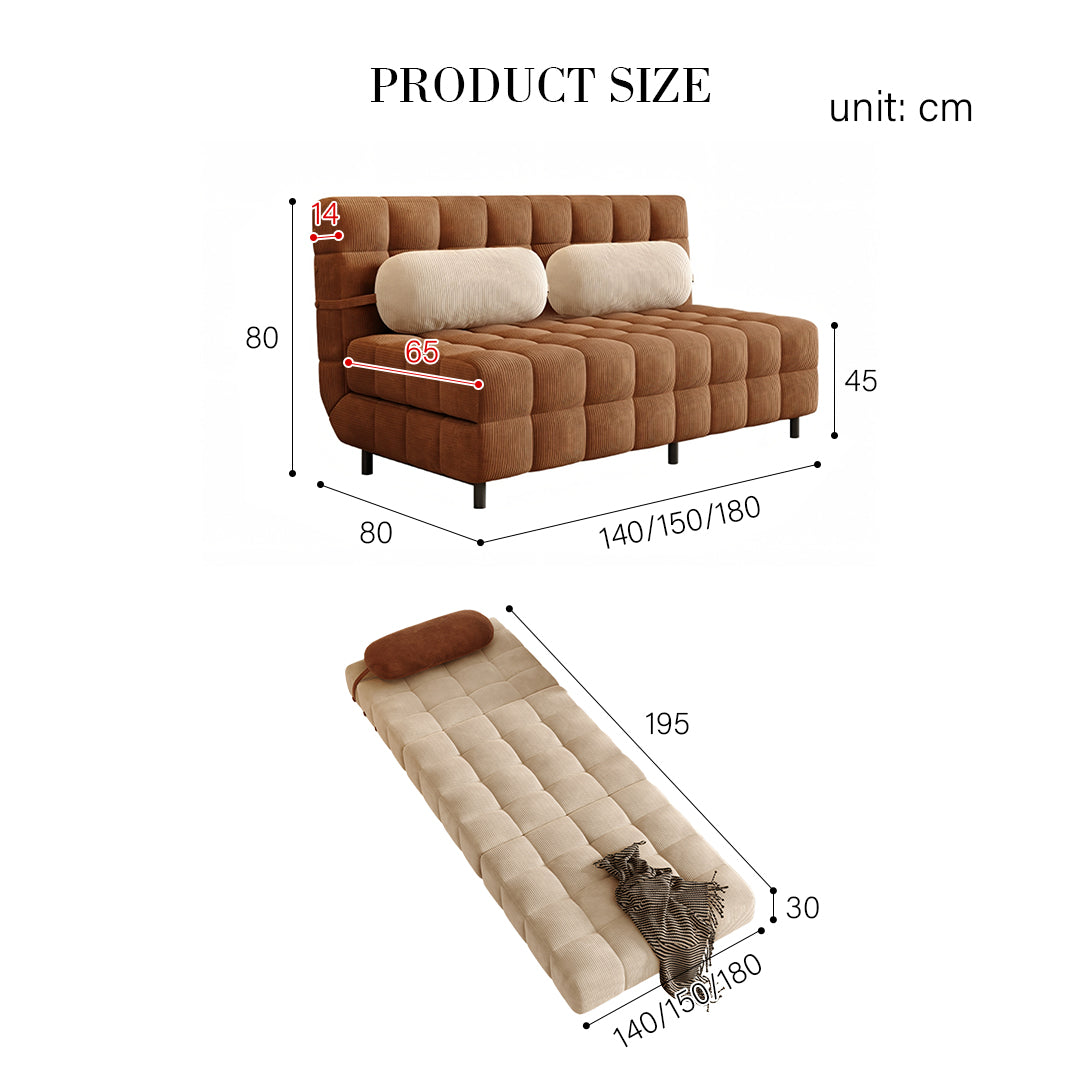 Mendez two seater brown corduroy sofa bed with tufted upholstery and cream colored pillows convertible design