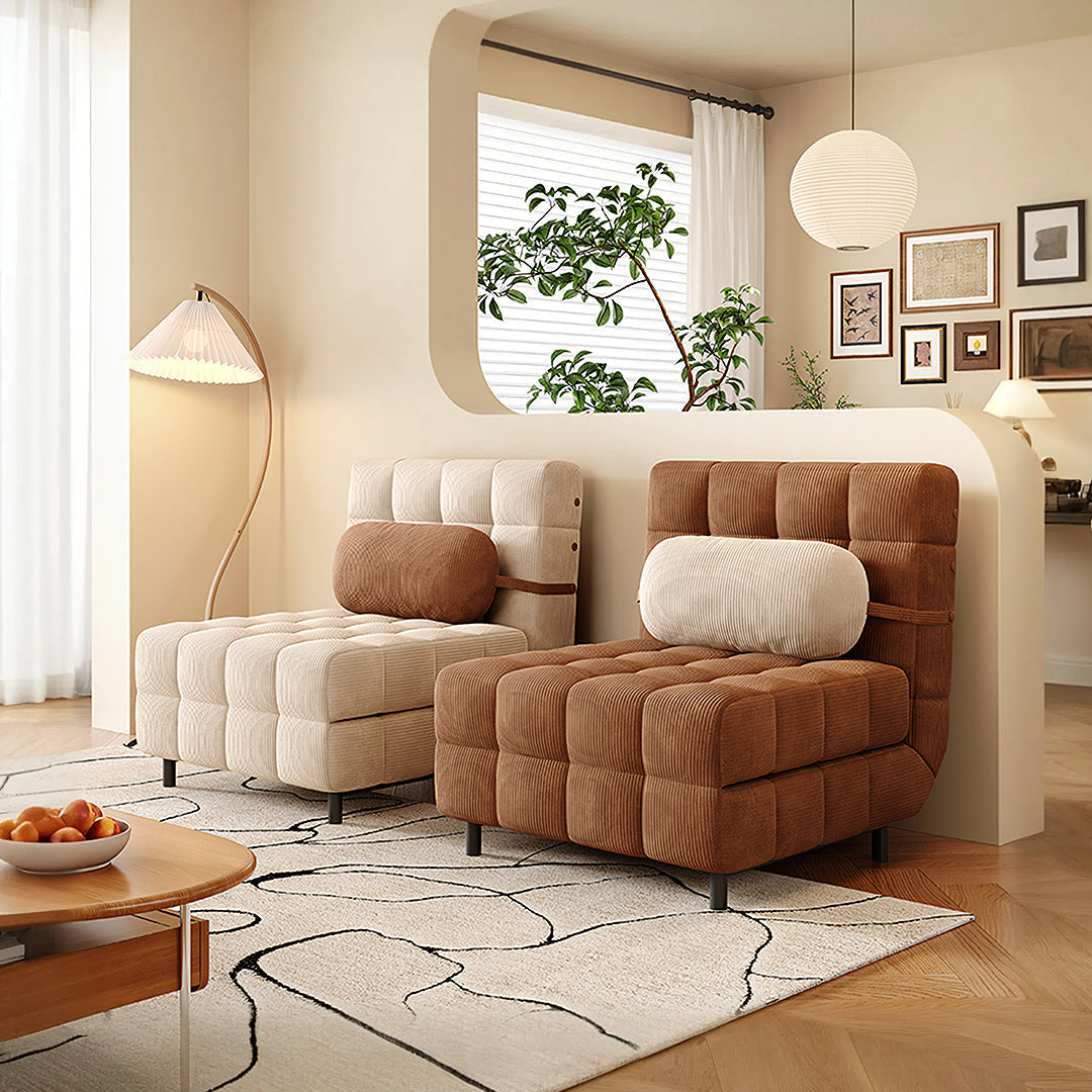 Brown corduroy tufted mendez single sofa bed with cream cushion two seater sofa bed for versatile seating and sleeping