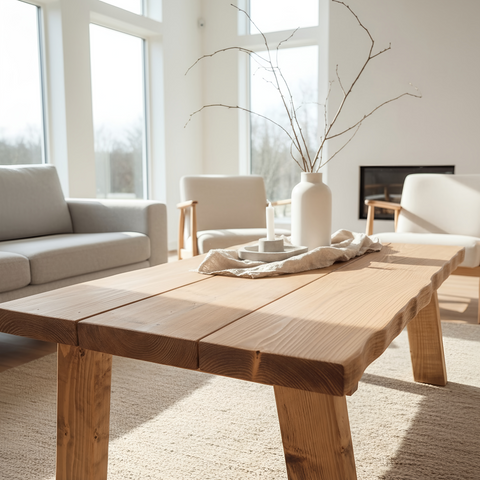 Light-colored wooden coffee table with wavy edge and rustic finish in the pictured menna chunky solid wood table