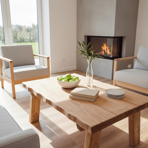 Pictured table is a rustic light-colored wooden coffee table with a wavy edge and sturdy solid wood legs