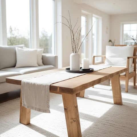 Light oak wooden coffee table with thick legs and natural wood grain featuring a wavy edge chunky design