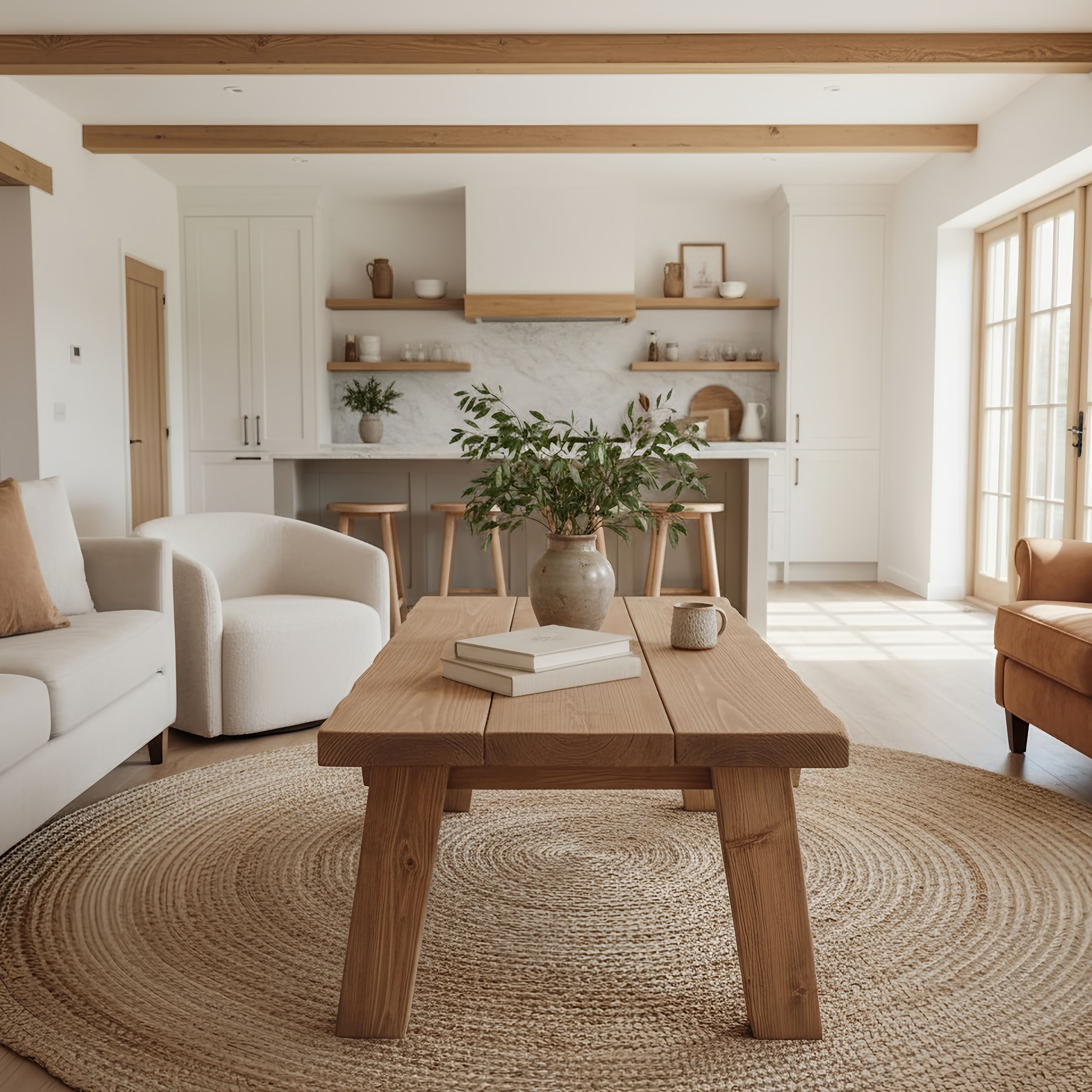 Rustic solid wood coffee table with thick legs and natural finish featuring a wavy edge pictured table