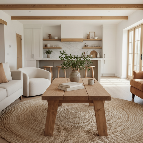 Rustic solid wood coffee table with thick legs and natural finish featuring a wavy edge pictured table