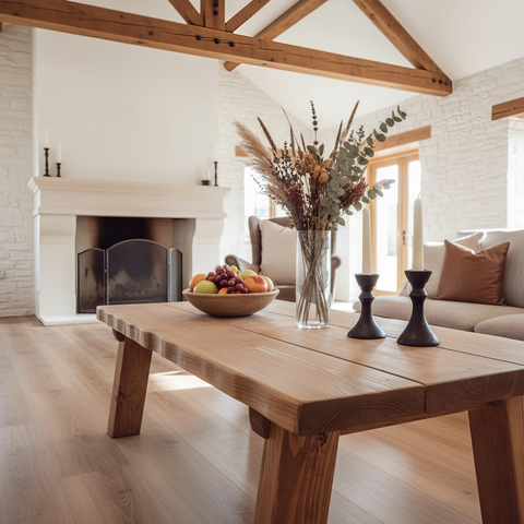 Rustic wooden coffee table with visible grain sturdy legs and wavy edge pictured table in solid wood