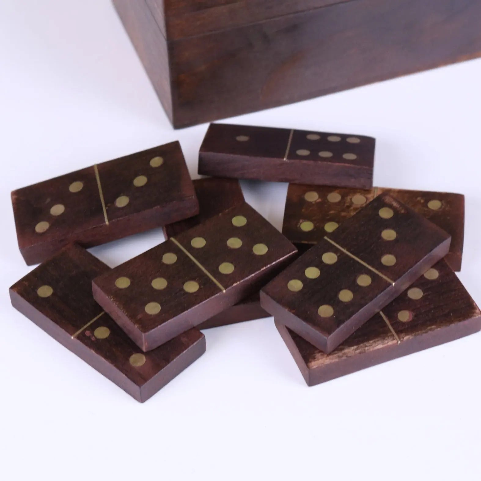 Dark brown wooden domino set with gold dots from mera wooden domino set with storage box
