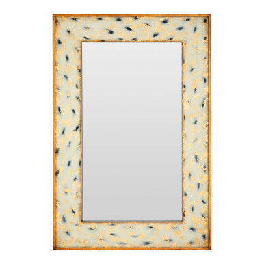 Meril rectangular wall mirror with a cream frame featuring black feather patterns and gold-toned edges