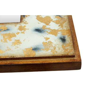 A rustic wooden-framed meril rectangular wall mirror with distressed white surface and gold blue patches