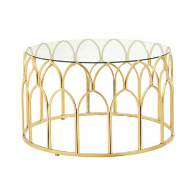 Merlin gold leaf coffee table featuring a gold-toned metal frame with an arched cage-like design and clear glass top