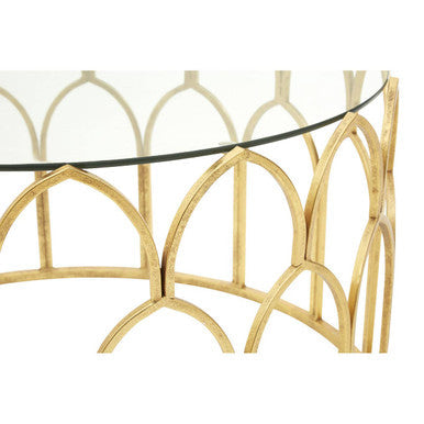 Merlin gold leaf coffee table with gold-toned metal frame and clear glass top featuring arched geometric design