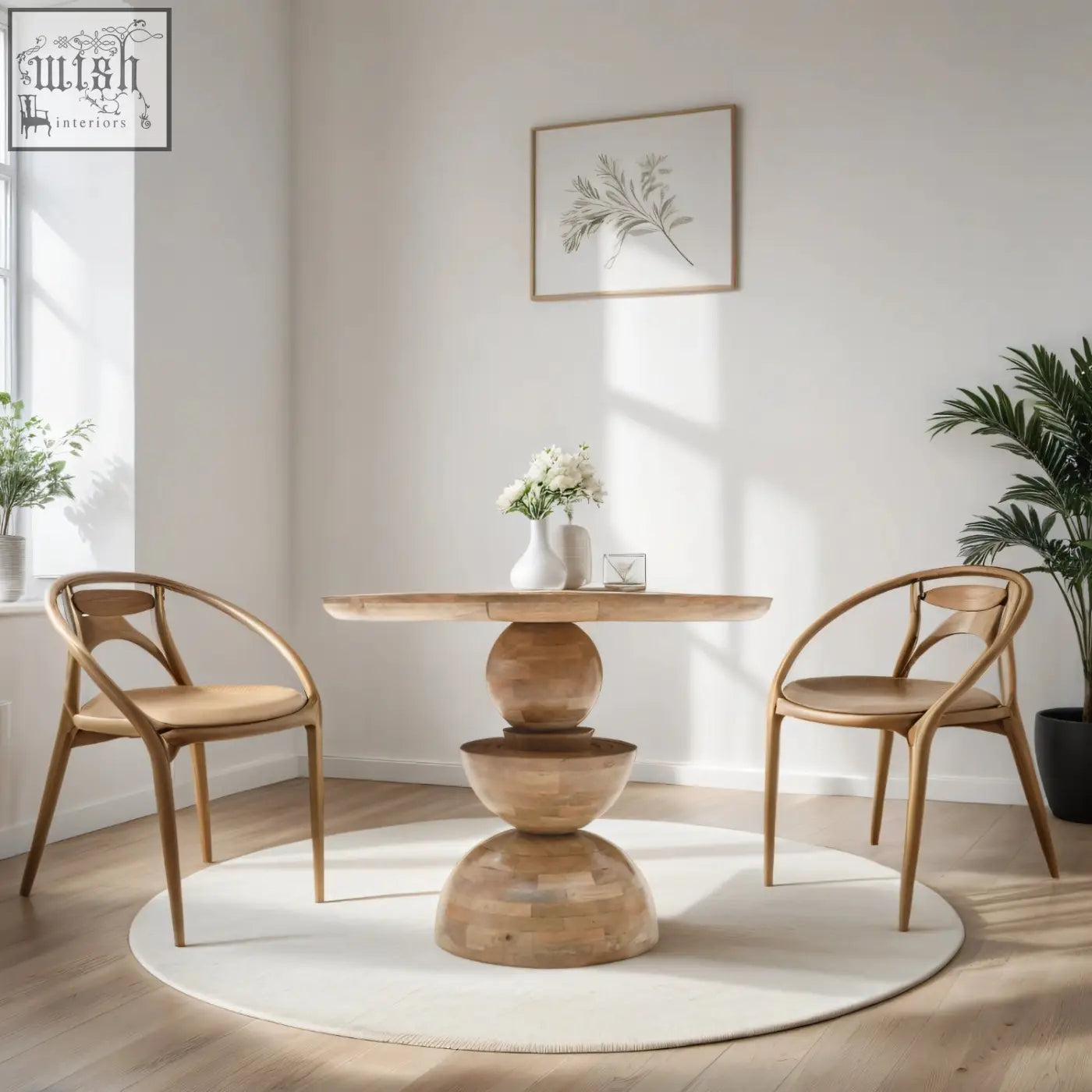 Merlin mango wood round dining table with white wash finish and stacked spherical light wood bases in minimalist design