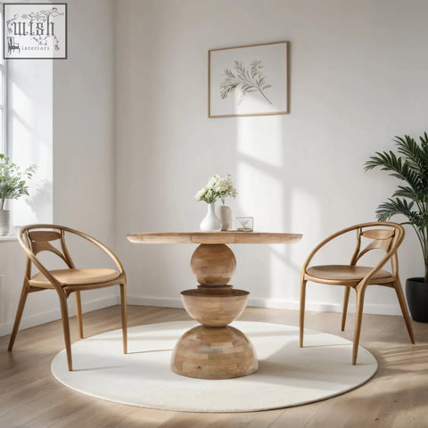 Merlin mango wood round dining table with white wash finish and stacked spherical light wood bases in minimalist design