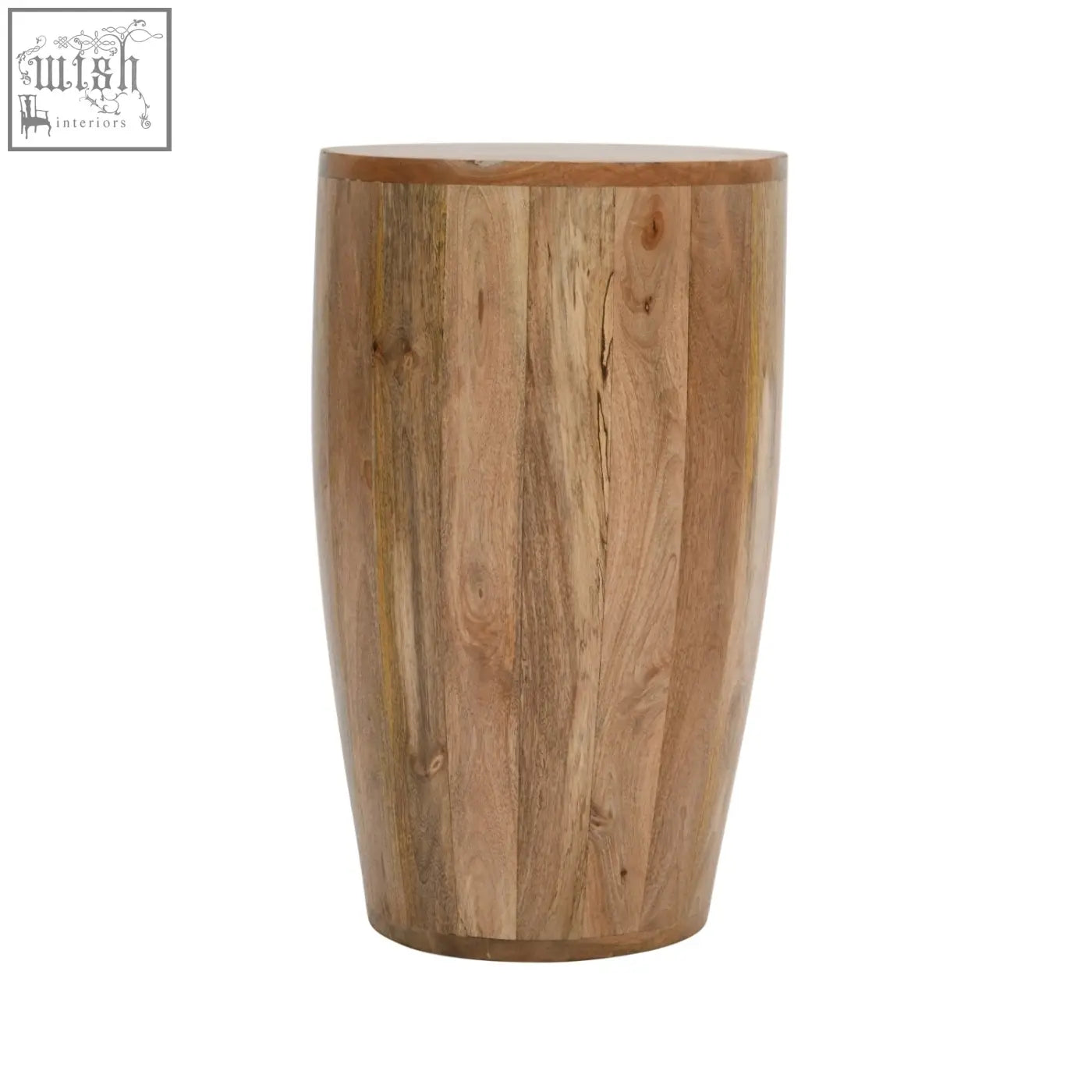 A rustic merlin mango wooden drum side table with a natural finish and visible grain patterns