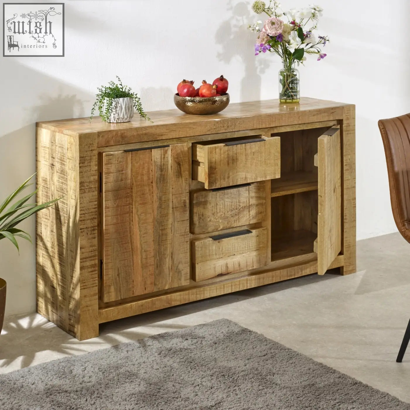Merlin large sideboard made of solid reclaimed wood with rustic texture natural light brown finish and visible grain patterns