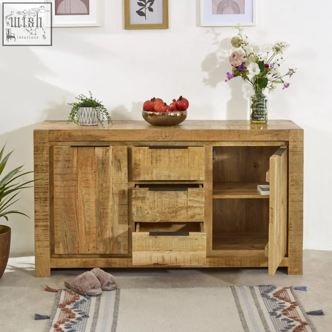 Merlin large sideboard solid wood reclaimed sideboard with rustic texture light brown finish three drawers two doors