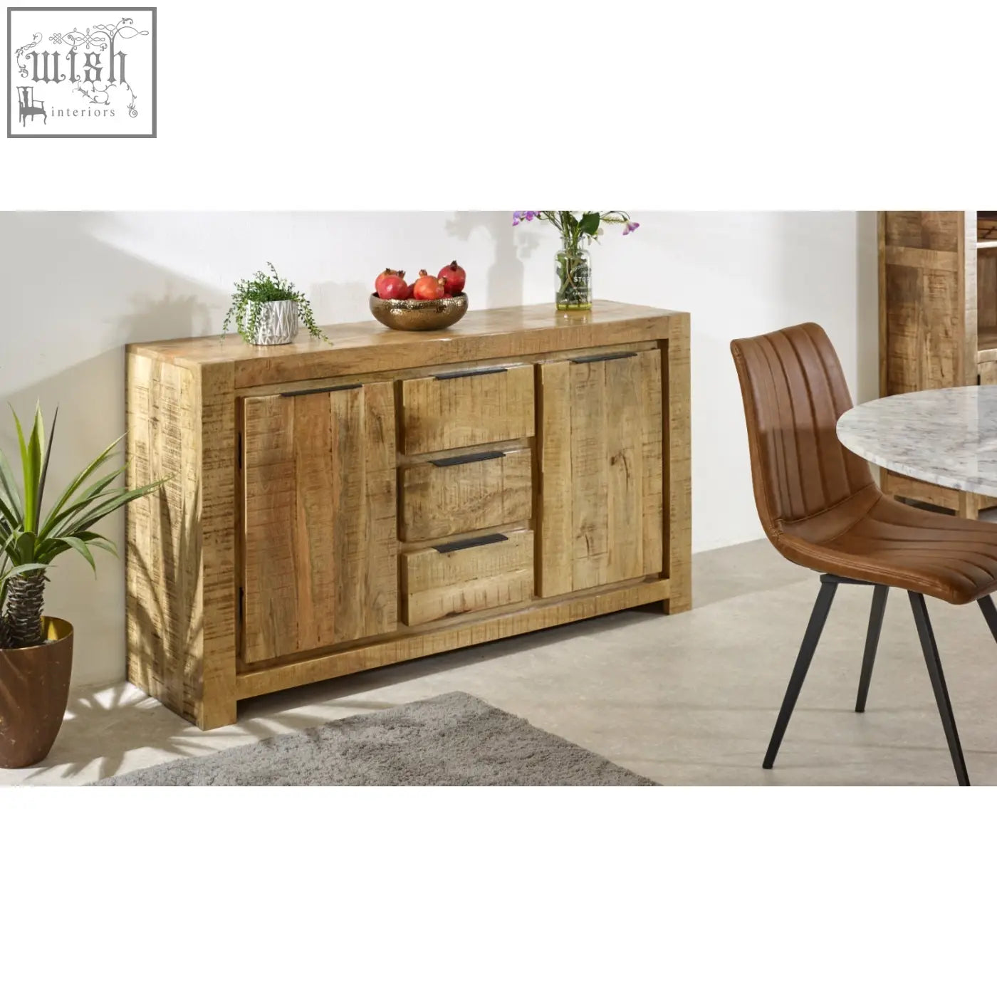 Rustic merlin large sideboard made of solid mango wood with natural finish two doors three drawers dark metal handles
