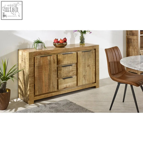 Rustic merlin large sideboard made of solid mango wood with natural finish two doors three drawers dark metal handles