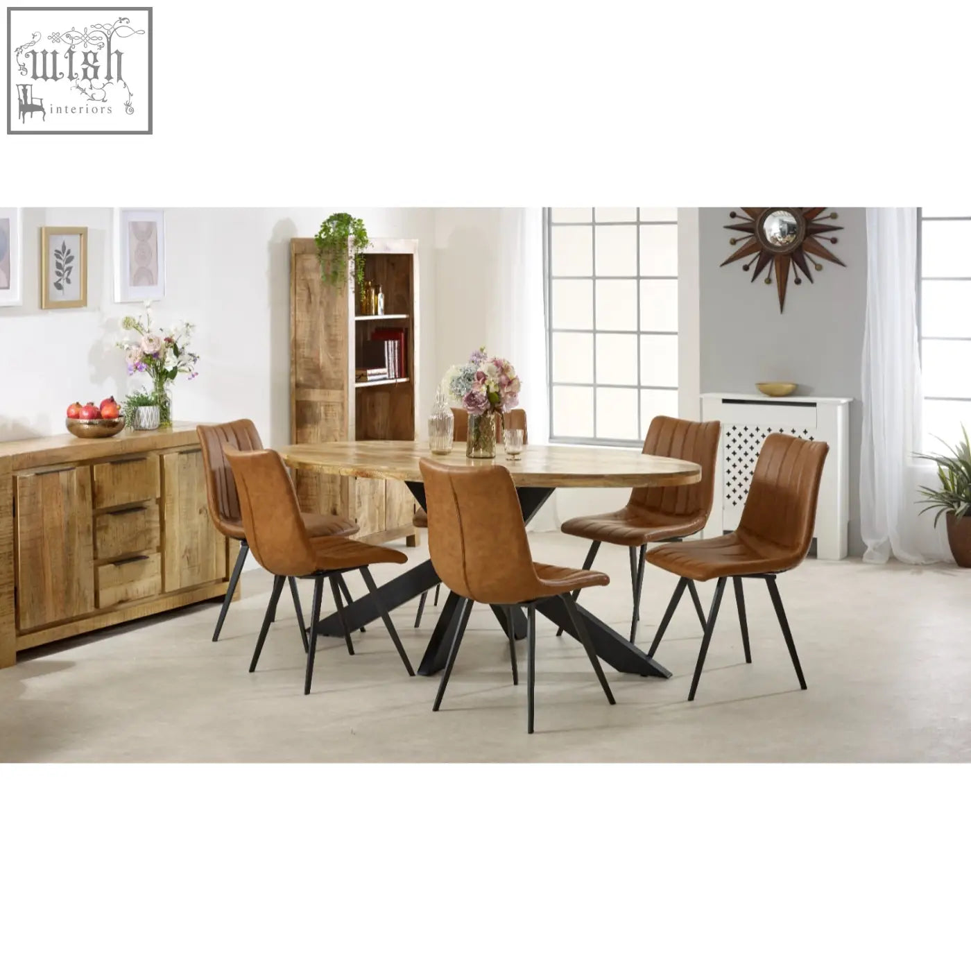 Brown leather dining chairs with black metal x-shaped legs paired with merlin mango solid wood large sideboard