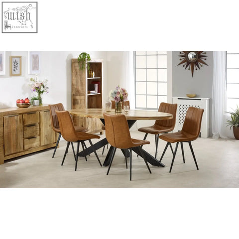 Brown leather dining chairs with black metal x-shaped legs paired with merlin mango solid wood large sideboard