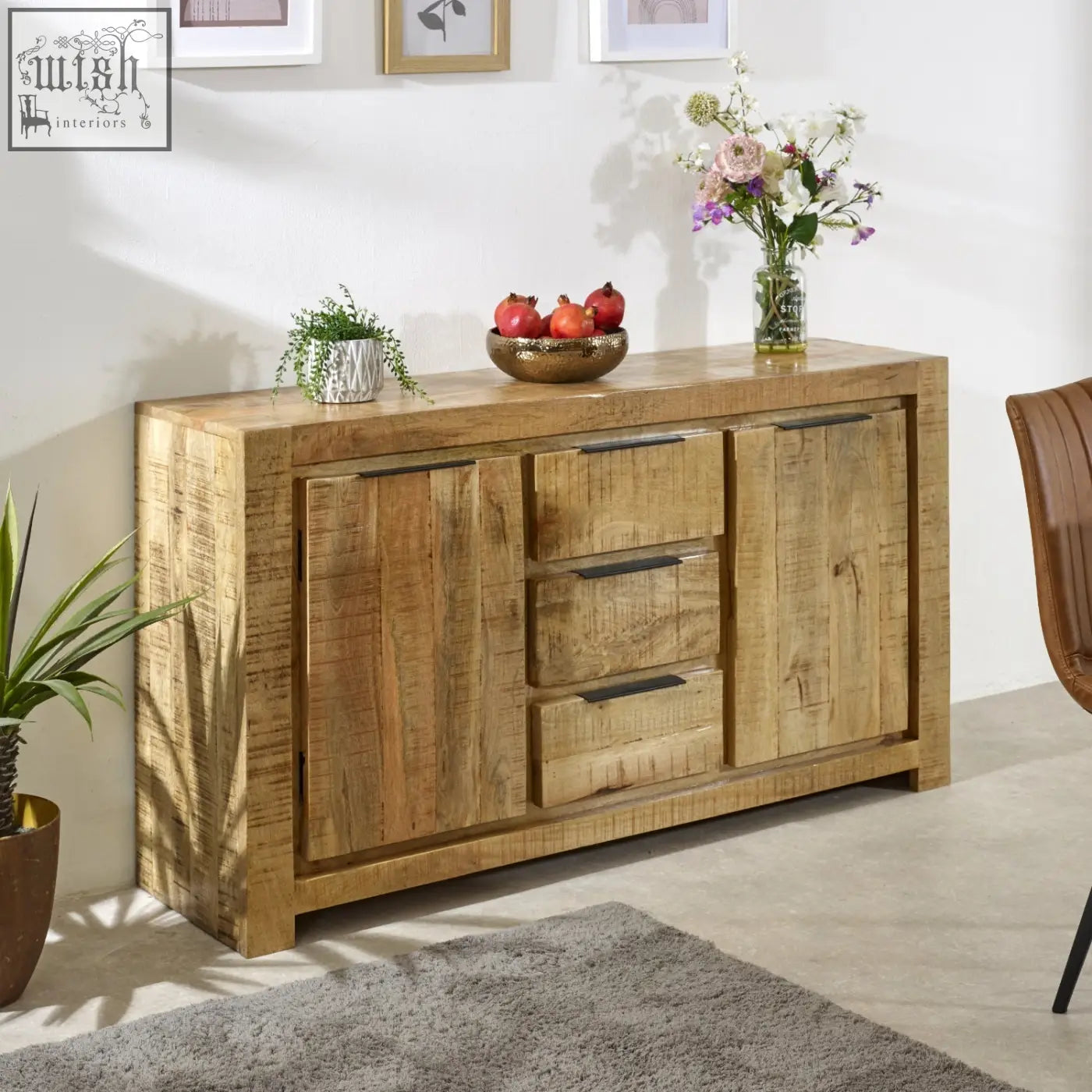 Merlin large sideboard made of solid reclaimed wood with rustic finish two doors three drawers and black metal handles