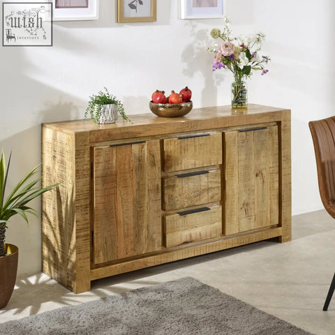 Merlin large sideboard made of solid reclaimed wood with rustic finish two doors three drawers and black metal handles
