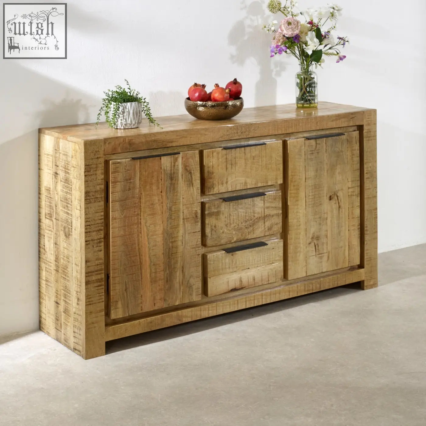 Rustic merlin mango wooden large sideboard in solid wood with distressed finish black metal handles and 2 doors 3 drawers