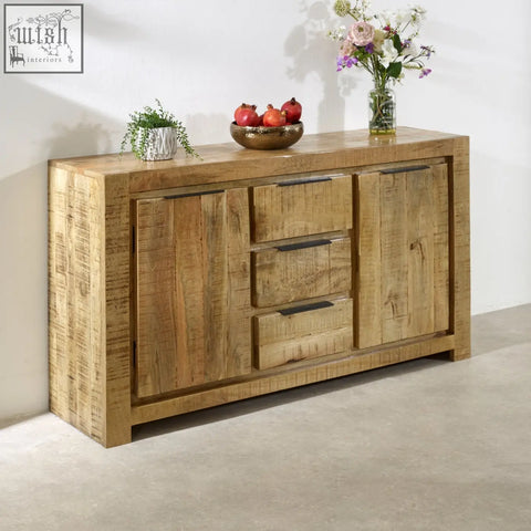 Rustic merlin mango wooden large sideboard in solid wood with distressed finish black metal handles and 2 doors 3 drawers