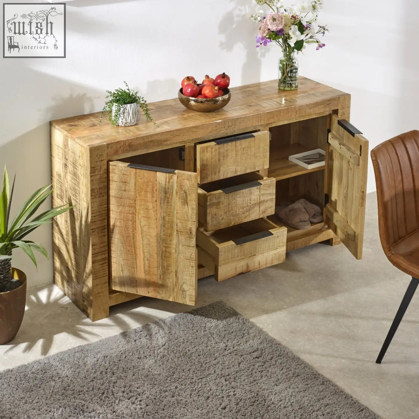 Merlin large sideboard made of solid reclaimed wood with rustic finish featuring 2 doors and 3 drawers with black handles