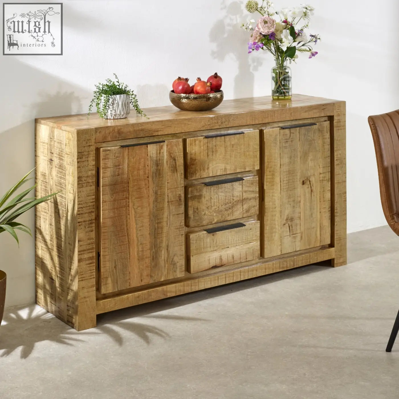 Rustic solid wood merlin large sideboard with two doors three drawers dark metal handles natural finish large sideboard