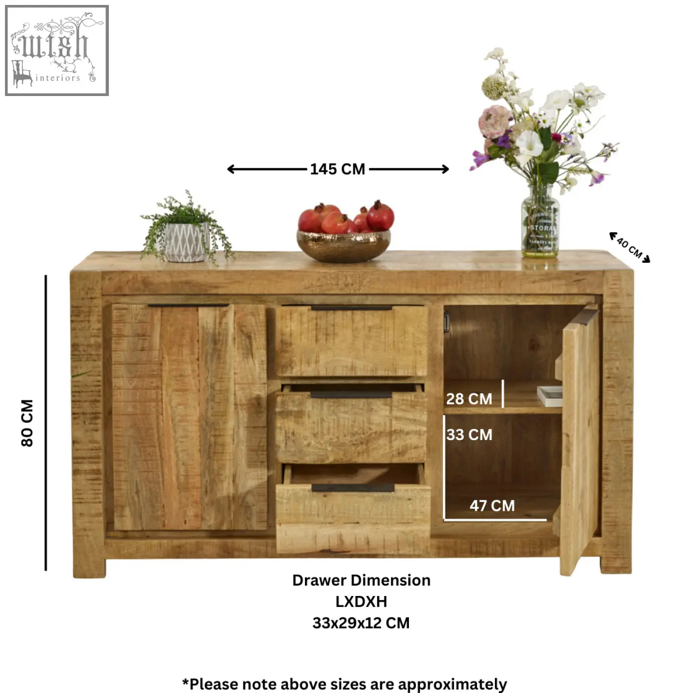 Rustic solid wood merlin large sideboard with natural mango finish and three drawers, one open showing interior shelves