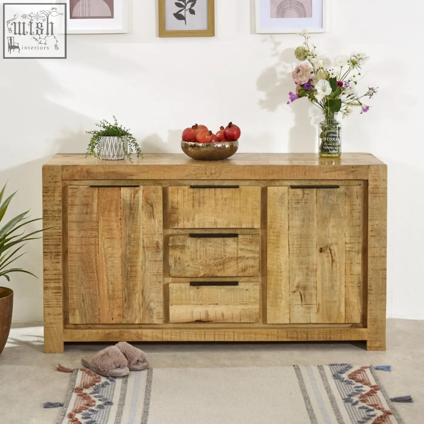 Merlin large sideboard made of reclaimed solid wood with rustic natural grain and three drawers with black metal handles
