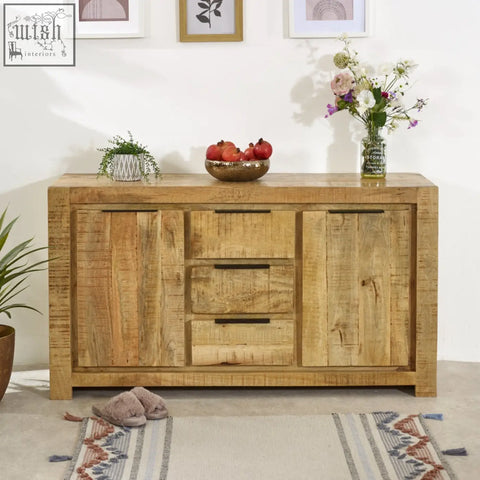 Merlin large sideboard made of reclaimed solid wood with rustic natural grain and three drawers with black metal handles