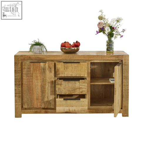 Merlin large sideboard made of solid reclaimed wood with rustic texture, natural light brown finish, 2 doors and 3 drawers