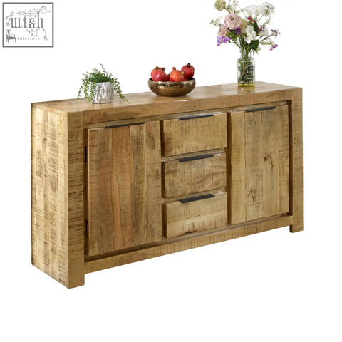 Rustic merlin large sideboard with two doors three drawers solid mango wood natural finish and dark metal handles