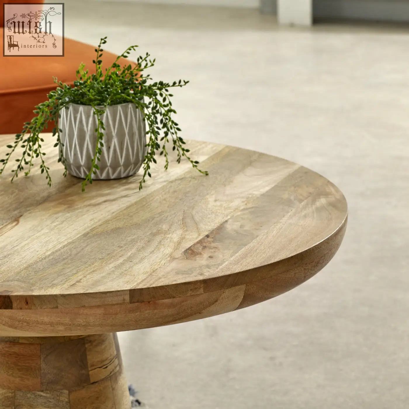 Light brown wooden round coffee table with geometric gray ceramic planter on top from merlin mango mushroom style