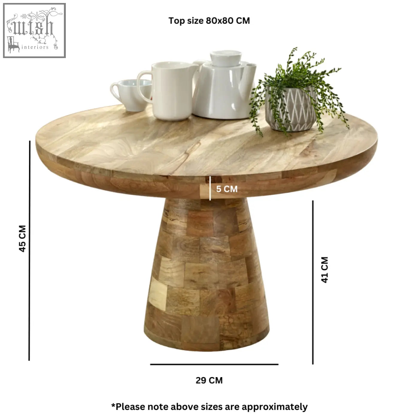 Merlin mango wooden round coffee table with natural finish and mosaic-style pedestal base mushroom style round coffee