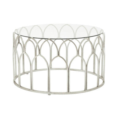 Merlin silver leaf coffee table with a silver metal gothic-inspired frame and clear glass top for stylish living rooms