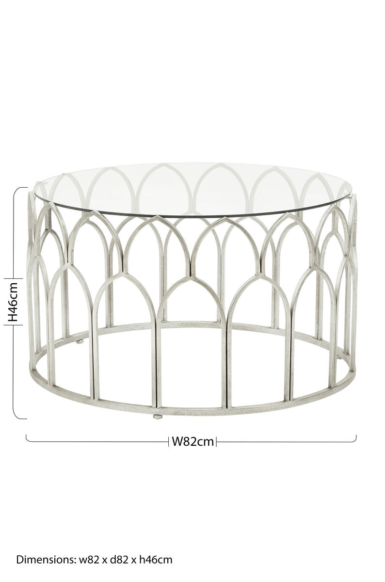 Merlin silver leaf coffee table with silver metal arched frame and glass top in gothic style design