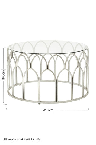 Merlin silver leaf coffee table with silver metal arched frame and glass top in gothic style design